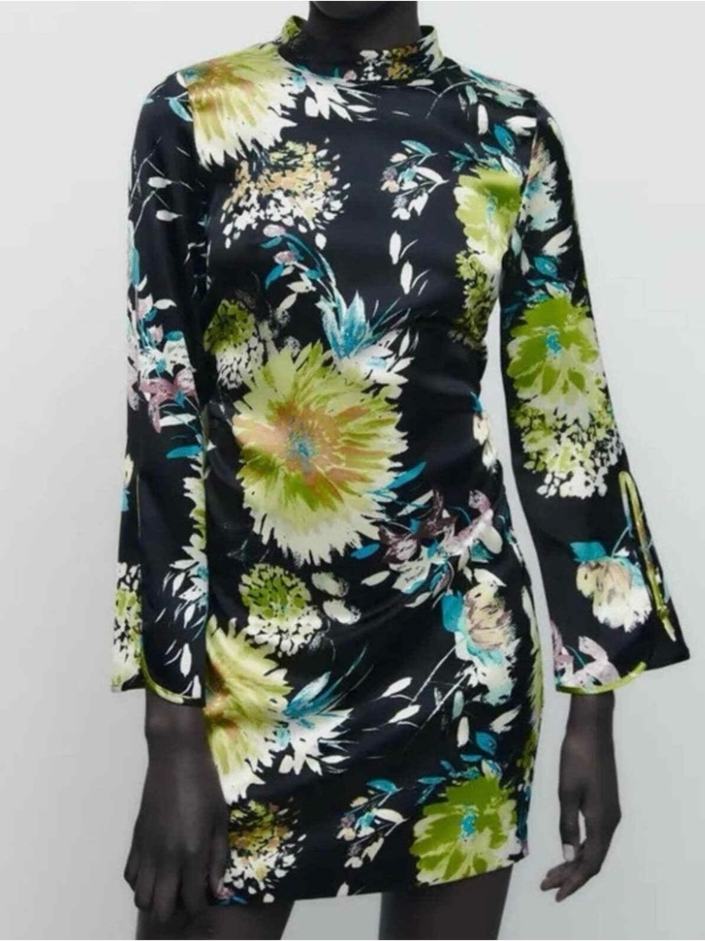 ZARA Black Floral Printed Gathered Long Sleeve Mini Dress SIZE M